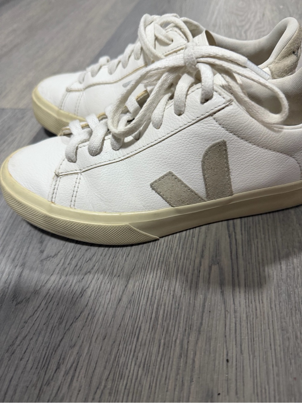 Veja White Leather Sneakers with Beige V Detail